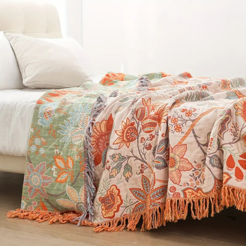 Rustic Floral Cotton Boho Throw Blanket