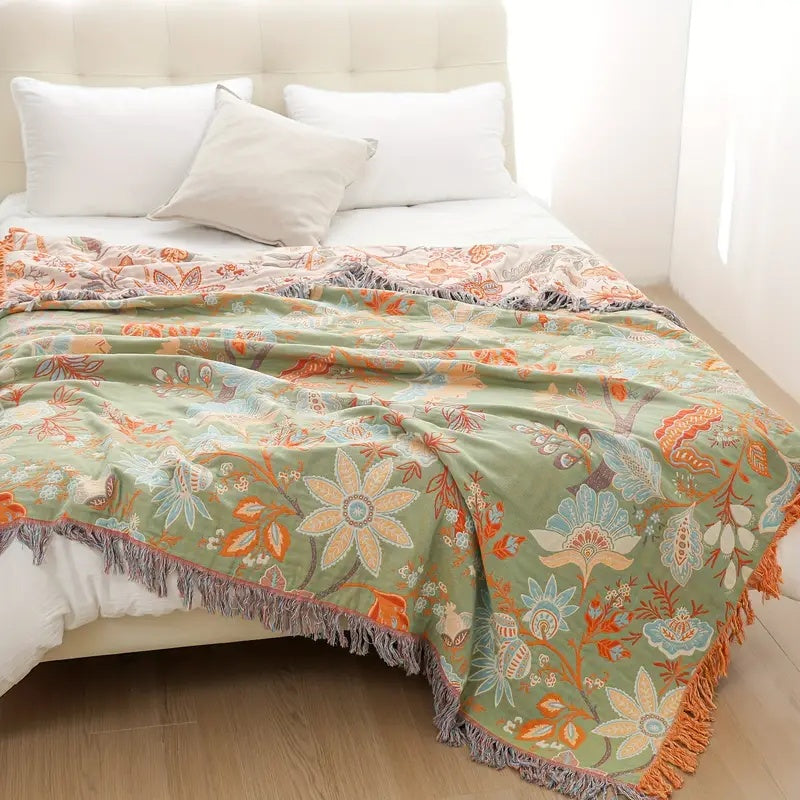 Rustic Floral Cotton Boho Throw Blanket
