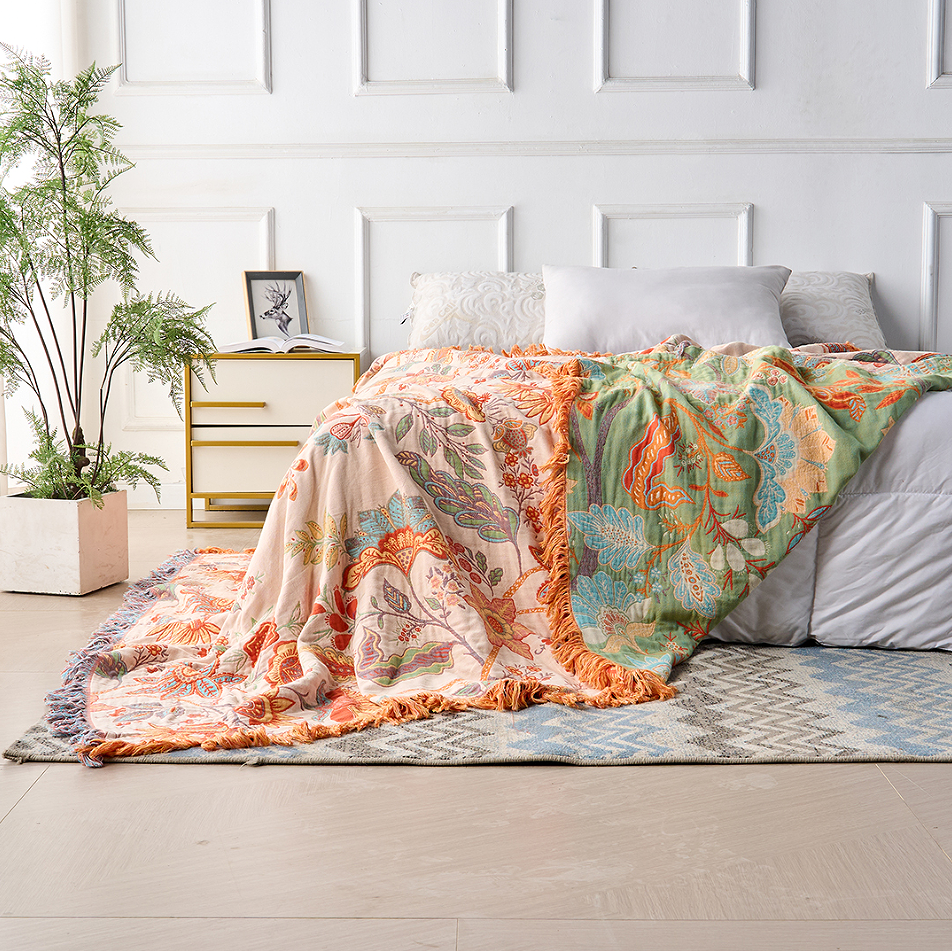 Rustic Floral Cotton Boho Throw Blanket