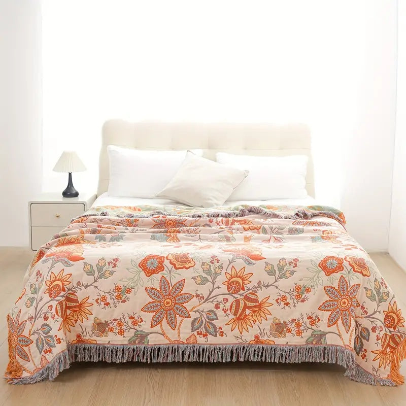 Rustic Floral Cotton Boho Throw Blanket